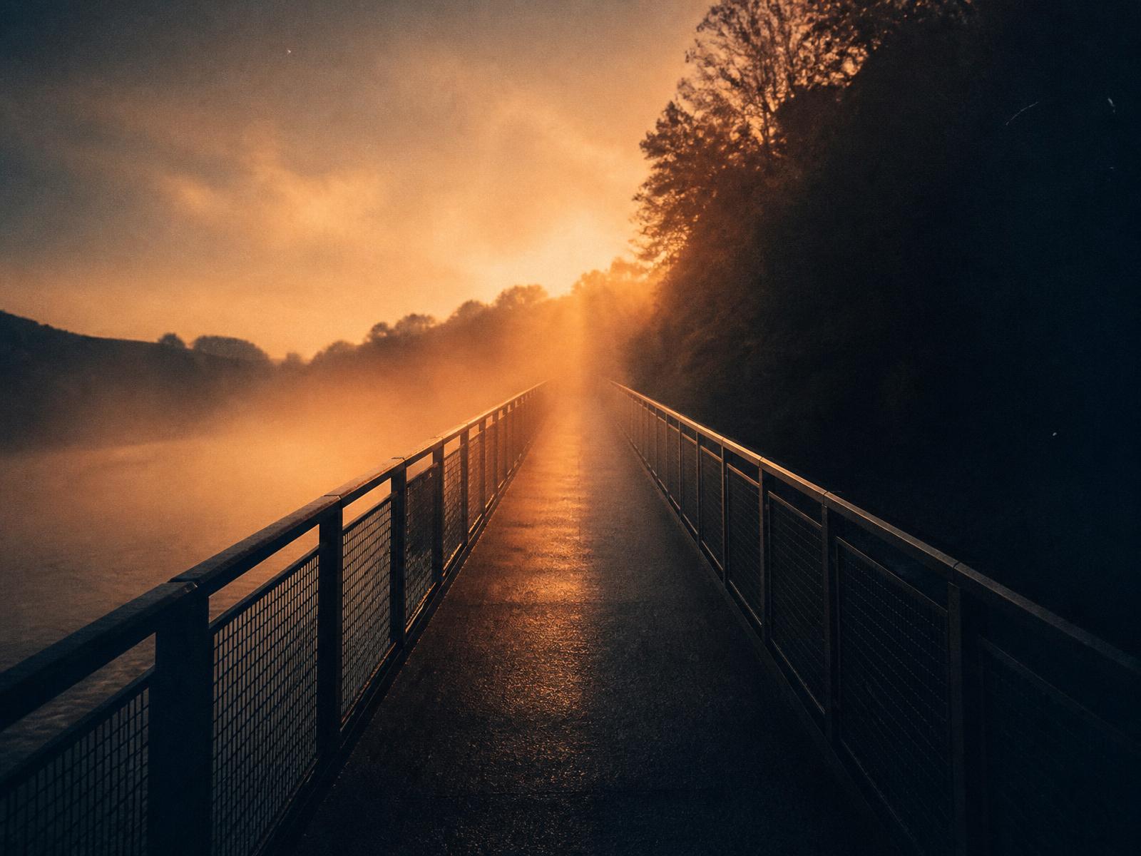 Uma ponte estreita atravessando a neblina ao amanhecer